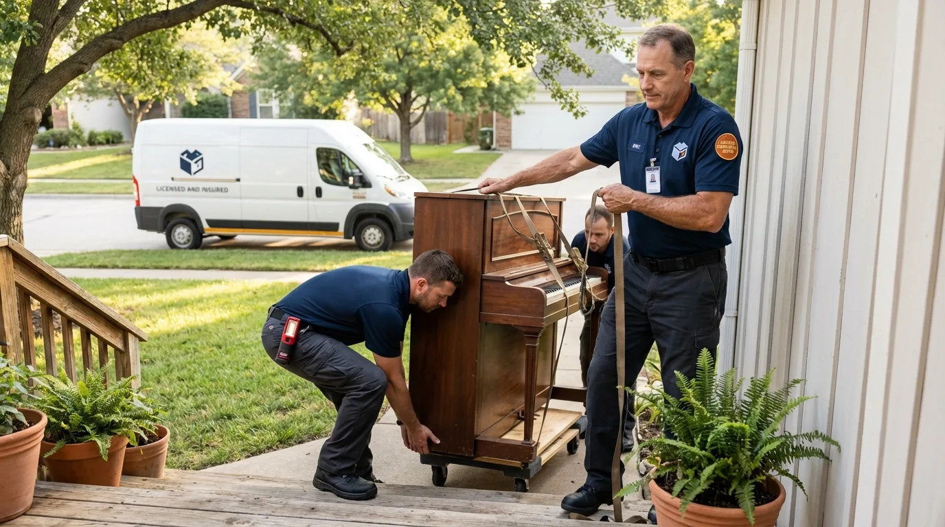 Licensed piano movers securing grand piano in Chesterfield, NH