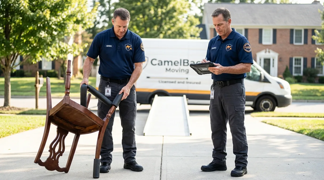 Movers inspecting furniture for damage prevention before loading in Chesterfield, NH