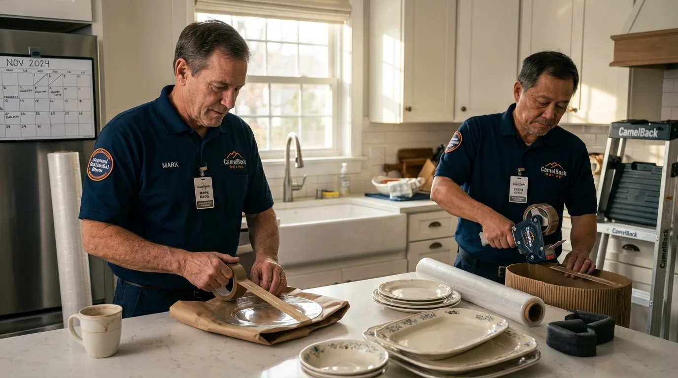 Professional crew packing kitchen dishware in Chesterfield, NH